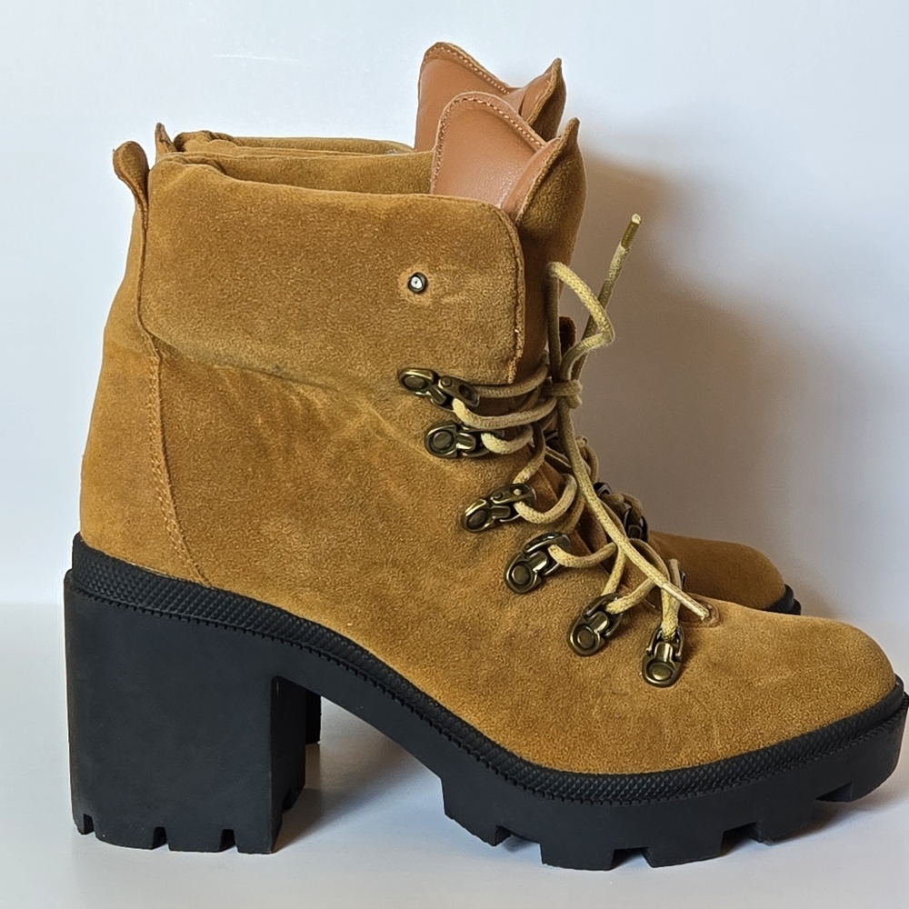 Beast Fashion Brown Platform Work Boots Size 7.5 Lace Up 3" Heel Combat Grunge